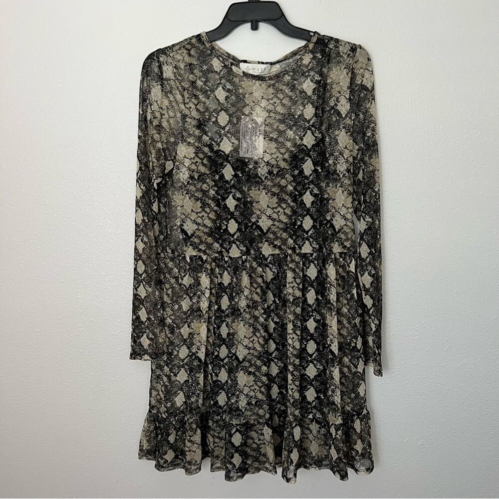 New WAYF Black Cream Sheer Mesh A Line Long Sleeve Dress Women's size S